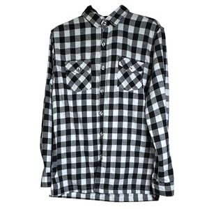 MONUMENT‎ Black White Mens Buffalo Plaid Flannel Shirt Jacket Hooded Size L